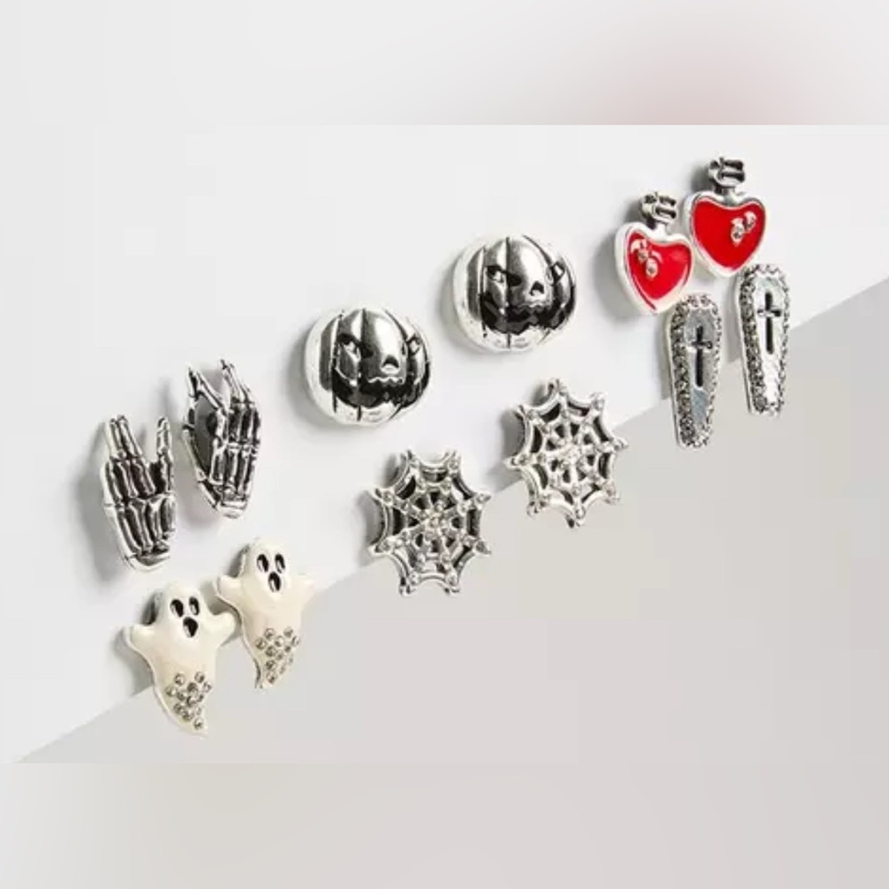 #x411 Torrid Bat Stone Stud Post Earring Set Silver-tone Halloween Pumpkin Ghost